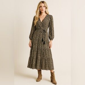 Hem & Thread Floral Tiered Boho Maxi Dress Long Sleeve Size Large NWT